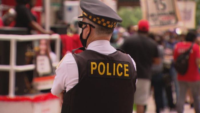 Demonstrators march in Chicago on Wednesday, June 24, 2020 to show their support for removing police officers from schools. (WTTW News)
