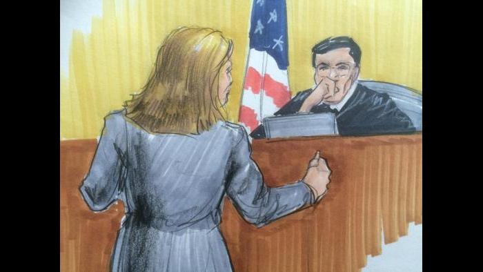 Courtroom sketch of Assistant U.S. Attorney Megan Church before U.S. District Judge Edmond Chang. (Thomas Gianni)