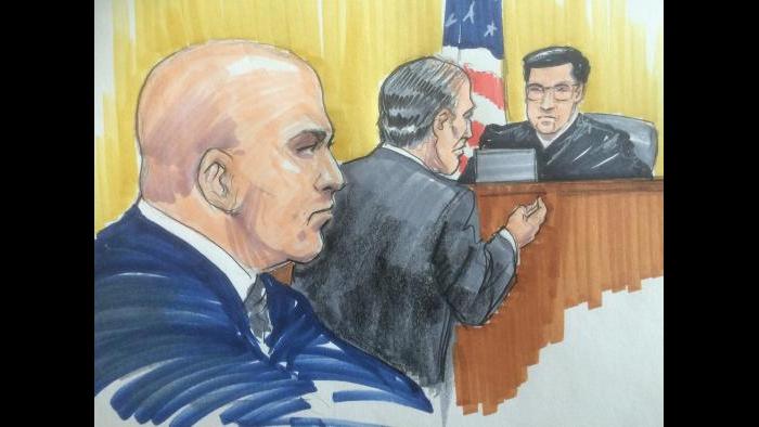 Courtroom sketch of Thomas Vranas, left, his attorney Michael Monico and U.S. District Judge Edmond Chang. (Thomas Gianni)