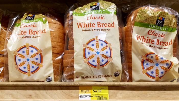 365 brand organic white bread: $4.39 in Edgewater