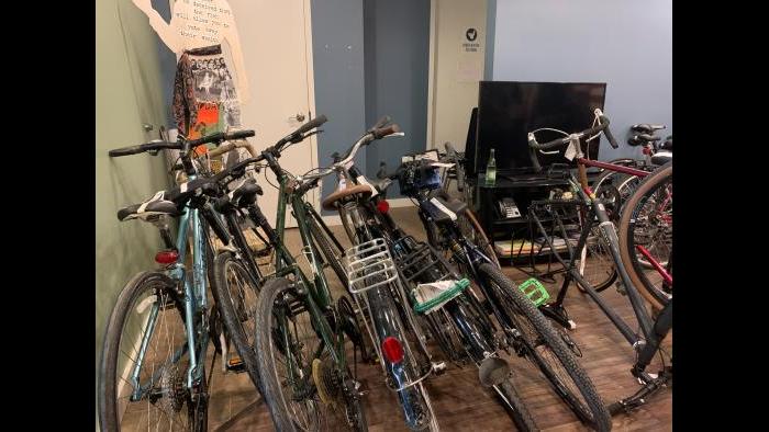Bikes await their owners at the 35th Ward office of Ald. Carlos Ramirez-Rosa on Sunday, Aug. 23, 2020. (Grace Del Vecchio / WTTW News)