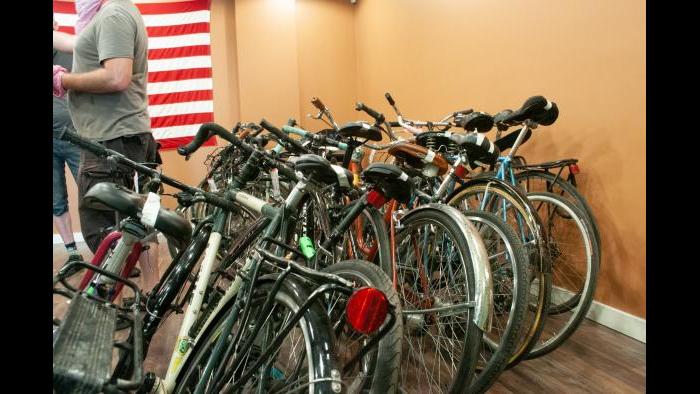 Bikes await their owners at the 35th Ward office of Ald. Carlos Ramirez-Rosa on Sunday, Aug. 23, 2020. (Grace Del Vecchio / WTTW News)