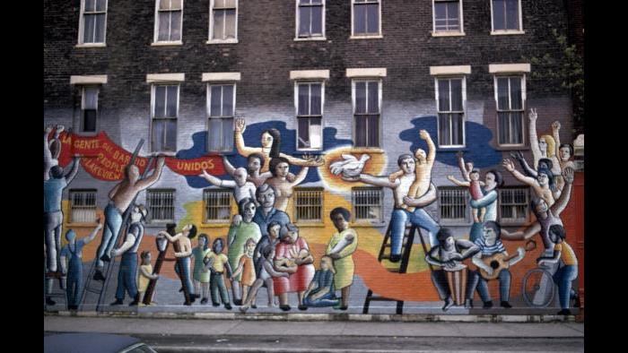 John Pitman Weber and Oscar Martínez, “People of Lakeview Together,” 1972 (now destroyed). (Photograph: Georg Stahl Mural Collection, University of Chicago Library)