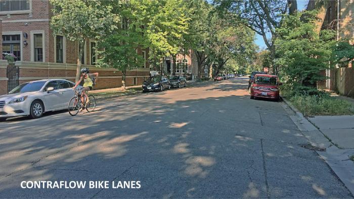 A Chicago Department of Transportation rendering shows what a new bike lane configuration on Dickens Avenue would look like.