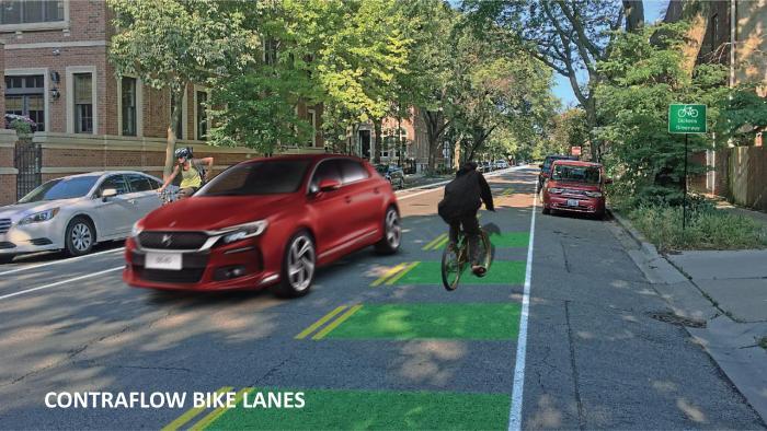 A Chicago Department of Transportation rendering shows what a new bike lane configuration on Dickens Avenue would look like.