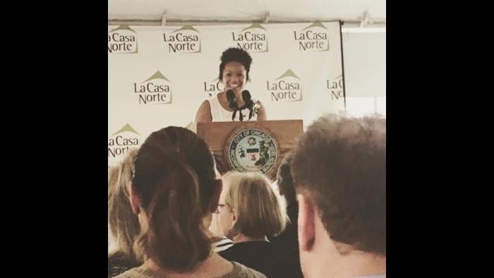 Cynthia Smith speaks about her personal experience with homelessness at an event benefiting La Casa Norte, a homeless agency that housed Smith for two months. (Courtesy of Cynthia Smith)