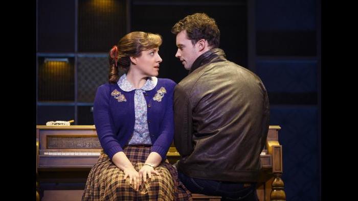 Abby Mueller (“Carole King”) and Liam Tobin (“Gerry Goffin”). (Joan Marcus photo)