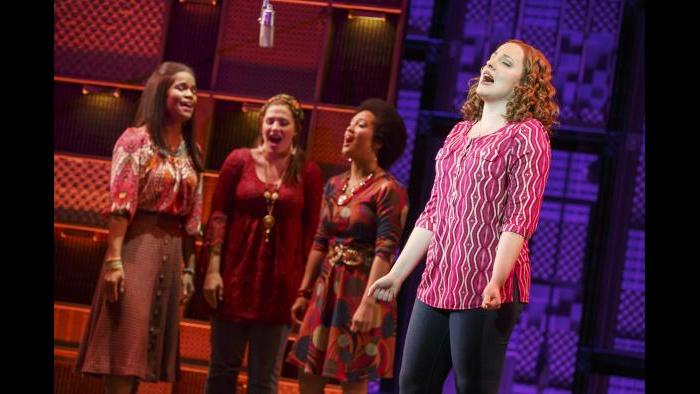 Abby Mueller as Carole King. Background, left to right: Britney Coleman, Sarah Bockel and Ashley Blanchet. (Joan Marcus photo)