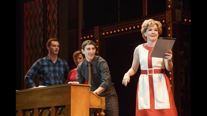 Left to right: Liam Tobin (“Gerry Goffin”), Abby Mueller (“Carole King”), Ben Fankhauser (“Barry Mann”) and Becky Gulsvig (“Cynthia Weil”). (Joan Marcus photo)