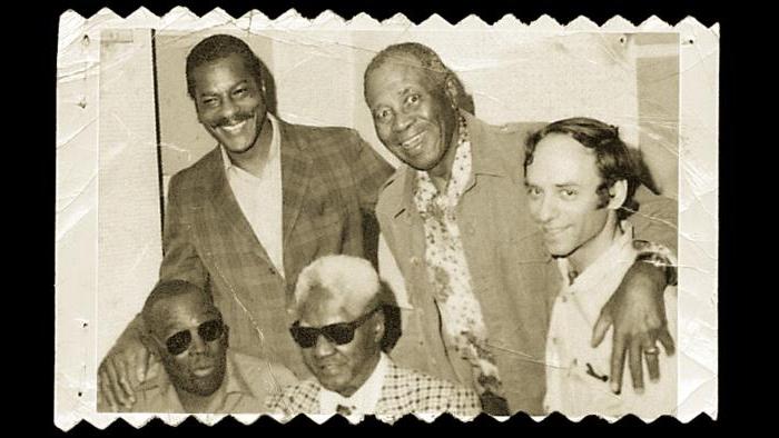 Erwin Helfer, right, with Willie Mabon and Sunnyland Slim, top, and Jimmy Walker and Blind John Davis, bottom, in 1976. (Courtesy of The Sirens Records)