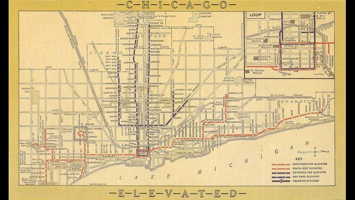 Map shows Chicago elevated lines from 1924-1947 when one of the trains in the Heritage fleet would have been running. (Courtesy CTA)