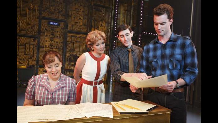 Abby Mueller (“Carole King”), Becky Gulsvig (“Cynthia Weil”), Ben Fankhauser (“Barry Mann”) and Liam Tobin (“Gerry Goffin”).  (Joan Marcus photo)