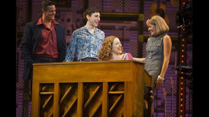 Left to right: Curt Bouril (“Don Kirshner”), Ben Fankhauser (“Barry Mann”), Abby Mueller (“Carole King”) and Becky Gulsvig (“Cynthia Weil”). (Joan Marcus photo)