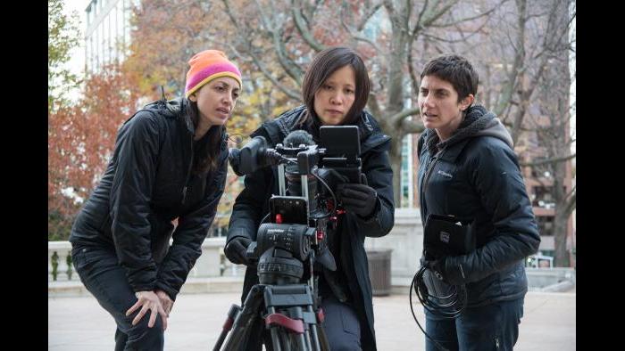 Directors Laura Ricciardi, left, and Moira Demos, right, with Iris Ng, center, on the set of "Making A Murderer." (Netflix)