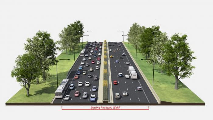 A rendering shows a bus lane on the right shoulder of Lake Shore Drive.