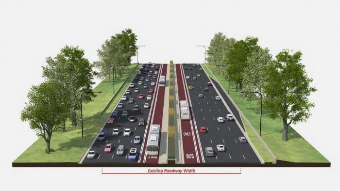 A rendering shows a dedicated bus lane on the left side of Lake Shore Drive.