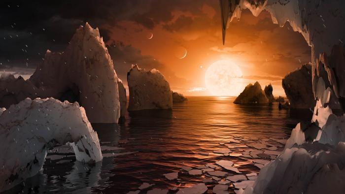 An artist’s interpretation of what the surface of the exoplanet TRAPPIST-1f could look like. (NASA / JPL-Caltech)