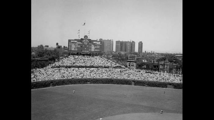 Wrigley Field outfield scoreboard, 1948.