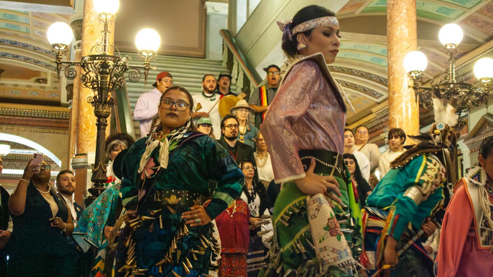Dancers in traditional regalia perform at the fourth annual Native American Summit at the Illinois Capitol on Tuesday, April 28, 2026. (Jenna Schweikert / Capitol News Illinois)