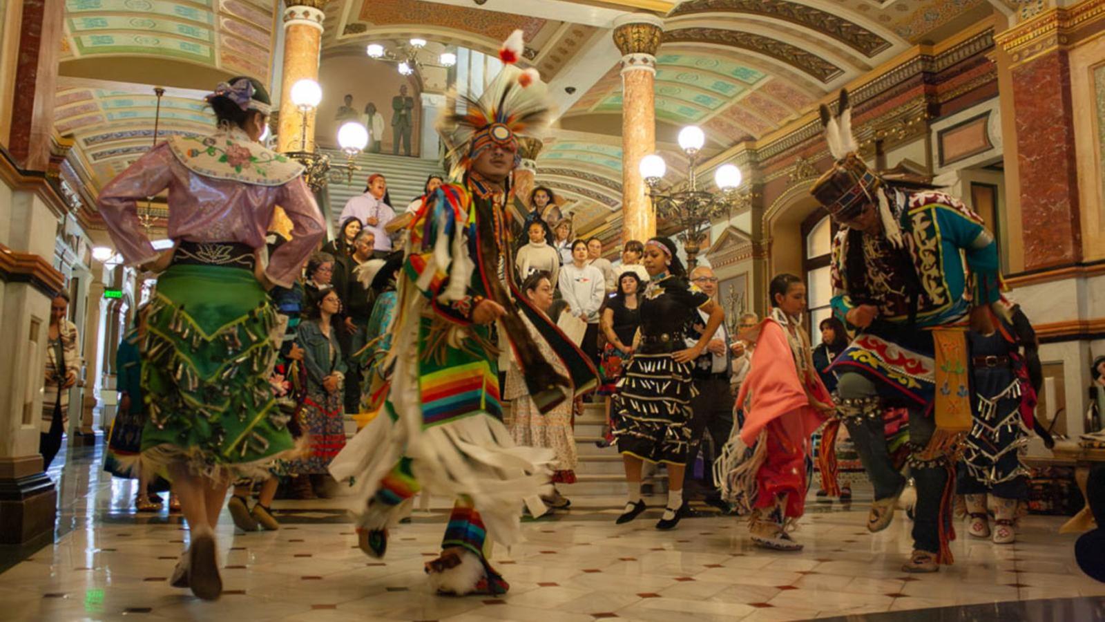 Dancers in traditional regalia perform at the fourth annual Native American Summit at the Illinois Capitol on Tuesday, April 28, 2026. (Jenna Schweikert / Capitol News Illinois)