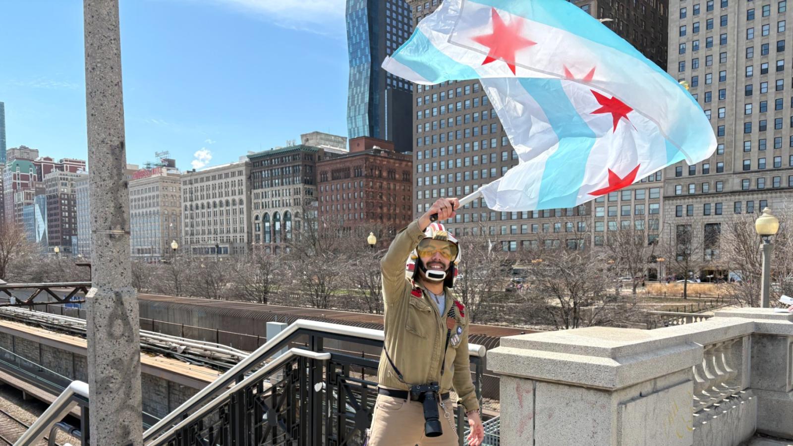 Daniel Saldaña, 25, a Chicago resident, attends the “No Kings” protest on March 28, 2026. (Joel Ortiz / WTTW News)