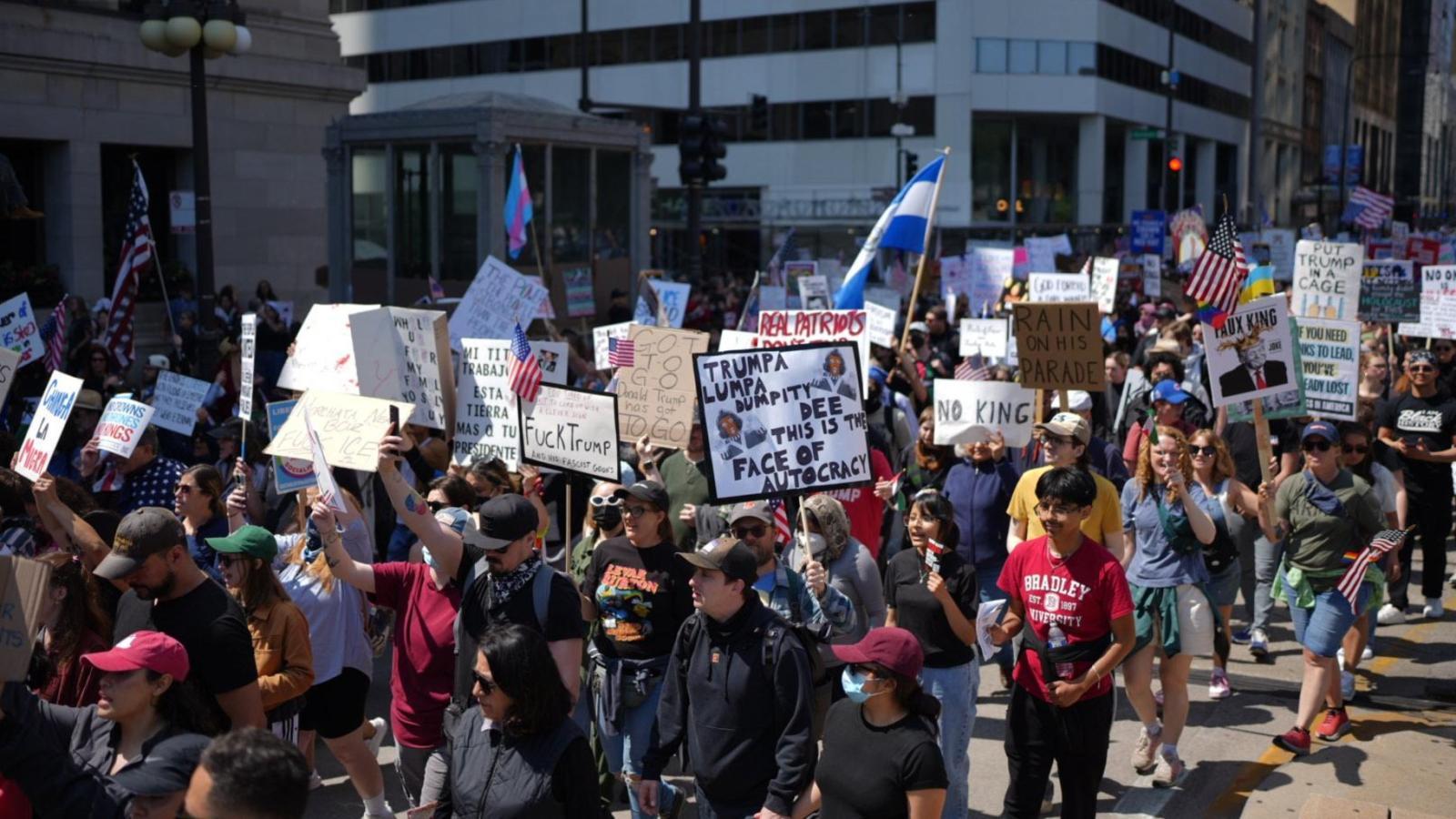 Protesters march in Chicago as part a national “No Kings” movement Saturday, June 14, 2025. (Emily Soto / WTTW News)