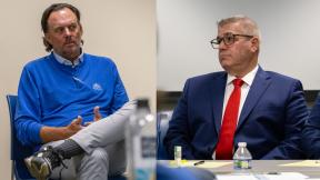 Conservative political operative Dan Proft (left) and former GOP governor candidate Darren Bailey (right) are pictured during an April 2024 hearing before the Illinois State Board of Elections. (Andrew Adams / Capitol News Illinois)