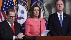House Speaker Nancy Pelosi of Calif., center, flanked by House Judiciary Committee Chairman Rep. Jerrold Nadler, D-N.Y., left, and House Intelligence Committee Chairman Rep. Adam Schiff, D-Calif., speaks during a news conference to announce impeachment managers on Capitol Hill in Washington, Wednesday, Jan. 15, 2020. (AP Photo / Susan Walsh) House Speaker Nancy Pelosi of Calif., center, flanked by House Judiciary Committee Chairman Rep. Jerrold Nadler, D-N.Y., left, and House Intelligence Committee Chairman Rep. Adam Schiff, D-Calif., speaks during a news conference to announce impeachment managers on Capitol Hill in Washington, Wednesday, Jan. 15, 2020. (AP Photo / Susan Walsh)