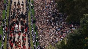 The Ceremonial Procession of the coffin of Queen Elizabeth II travels down the Long Walk as it arrives at Windsor Castle for the Committal Service at St George's Chapel, in Windsor, England, Monday, Sept. 19, 2022. (Aaron Chown/Pool photo via AP) The Ceremonial Procession of the coffin of Queen Elizabeth II travels down the Long Walk as it arrives at Windsor Castle for the Committal Service at St George's Chapel, in Windsor, England, Monday, Sept. 19, 2022. (Aaron Chown/Pool photo via AP)