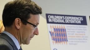 Washington Attorney General Bob Ferguson listens to a question as he stands next to a display board, Monday, Aug. 26, 2019, during a news conference in Seattle. (AP Photo / Ted S. Warren) Washington Attorney General Bob Ferguson listens to a question as he stands next to a display board, Monday, Aug. 26, 2019, during a news conference in Seattle. (AP Photo / Ted S. Warren)