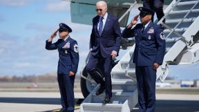 President Joe Biden, center, arrives on Air Force One at Dane County Regional Airport for an event on student loan debt at Madison College, Monday, April 8, 2024, in Madison, Wis. (AP Photo / Evan Vucci)