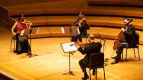The CSO’s Lincoln Quartet composed of violinists Qing and Lei Hou, Lawrence Neuman on the viola and cellist Kenneth Olsen perform in a virtual recital in August. (Clay Baker / Chicago Symphony Orchestra) The CSO’s Lincoln Quartet composed of violinists Qing and Lei Hou, Lawrence Neuman on the viola and cellist Kenneth Olsen perform in a virtual recital in August. (Clay Baker / Chicago Symphony Orchestra)
