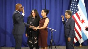 David Brown is sworn in as police superintendent by Chicago Mayor Lori Lightfoot after unanimous approval by the Chicago City Council on Wednesday, April 22, 2020. Brown’s wife and daughter are also pictured. (@Chicago_Police / Twitter photo) David Brown is sworn in as police superintendent by Chicago Mayor Lori Lightfoot after unanimous approval by the Chicago City Council on Wednesday, April 22, 2020. Brown’s wife and daughter are also pictured. (@Chicago_Police / Twitter photo)