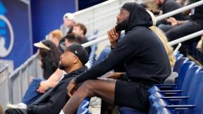 Los Angeles Lakers’ LeBron James watches his son Bronny James during the 2024 NBA Draft Combine 5-on-5 basketball game between TeamSt. Andrews and Team Love in Chicago, Wednesday, May 15, 2024. (AP Photo / Nam Y. Huh)