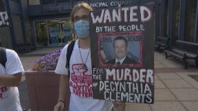 Protesters outside of Elgin City Hall on Wednesday, June 24, 2020, over the fatal police shooting of Decynthia Clements in 2018. (WTTW News) A protest outside of Elgin City Hall on Wednesday, June 24, 2020, over the fatal police shooting of Decynthia Clements in 2018. (WTTW News)