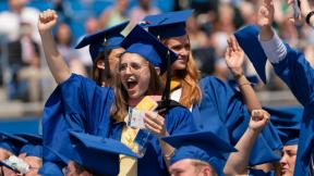 Graduates celebrate during the University of Delaware Class of 2022 commencement ceremony in Newark, Del., Saturday, May 28, 2022. (AP Photo / Manuel Balce Ceneta)