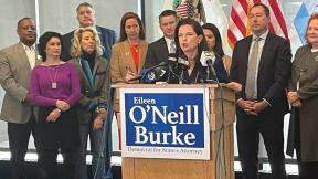 Eileen O’Neill Burke celebrates her victory in the Democratic contest for Cook County state's attorney at the headquarters of the Plumbers' and Technical Engineers Local Union 130 on April 1, 2024. (Heather Cherone / WTTW News)
