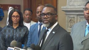 Mayor Brandon Johnson takes questions at a March 13, 2024, news conference at the Garfield Park fieldhouse. (WTTW News)