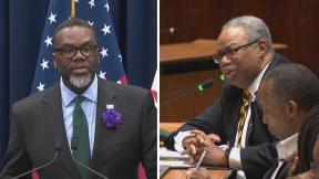 Left: Mayor Brandon Johnson speaks at a news conference Wednesday, March 20, 2024. Right: CTA President Dorval Carter speaks at a Chicago City Council meeting Feb. 27, 2024. (WTTW News)