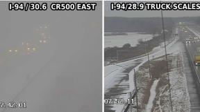 Photos taken on Interstate-94 near Porter County, Indiana, show weather conditions scarcely 2 miles apart. (Indiana Department of Transportation)