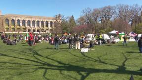A group of protesters set up on Northwestern University’s campus on April 25, 2024. (WTTW News)