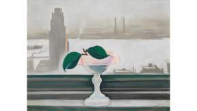  “Pink Dish and Green Leaves,” 1928–29, by Georgia O’Keefe. (Courtesy of Private collection, Georgia O'Keeffe Museum. Photograph by Bruce M. White.)