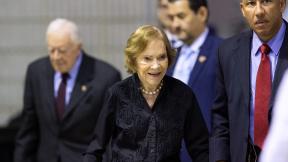 Former first lady Rosalynn Carter arrives with her husband, former President Jimmy Carter, left, for an annual Carter Town Hall held at Emory University, Sept. 18, 2019, in Atlanta. Rosalynn Carter, the closest adviser to Jimmy Carter during his one term as U.S. president and their four decades thereafter as global humanitarians, died Sunday, Nov. 19, 2023. She was 96. (AP Photo/John Amis, File) Former first lady Rosalynn Carter arrives with her husband, former President Jimmy Carter, left, for an annual Carter Town Hall held at Emory University, Sept. 18, 2019, in Atlanta. Rosalynn Carter, the closest adviser to Jimmy Carter during his one term as U.S. president and their four decades thereafter as global humanitarians, died Sunday, Nov. 19, 2023. She was 96. (AP Photo/John Amis, File)