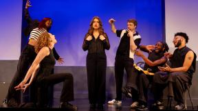 Adisa Williams, Laurel Krabacher, Hannah Ingle, Andy Bolduc, Jordan Stafford and Adonis Holmes in The Second City’s “The Devil is in the Detours”. (Timothy M. Schmidt, courtesy of The Second City)   