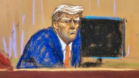 In this courtroom sketch, former President Donald Trump turns to face the audience at the beginning of his trial over charges that he falsified business records to conceal money paid to silence porn star Stormy Daniels in 2016, in Manhattan state court in New York, Monday, April 15, 2024. (Jane Rosenberg / Pool Photo via AP)