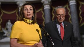 House Speaker Nancy Pelosi of Calif., left, speaks as she stands next to Senate Minority Leader Sen. Chuck Schumer of N.Y., right, on Capitol Hill in Washington, Monday, Aug. 3, 2020. (AP Photo / Susan Walsh) House Speaker Nancy Pelosi of Calif., left, speaks as she stands next to Senate Minority Leader Sen. Chuck Schumer of N.Y., right, on Capitol Hill in Washington, Monday, Aug. 3, 2020. (AP Photo / Susan Walsh)